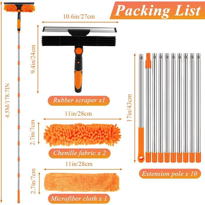 4.25M Nettoyeur de Vitre 3en1 Raclette Vitre,Lave Vitre Telescopique avec Raclette en Silicone et Brosse en Microfibres, (Orange) – Image 2
