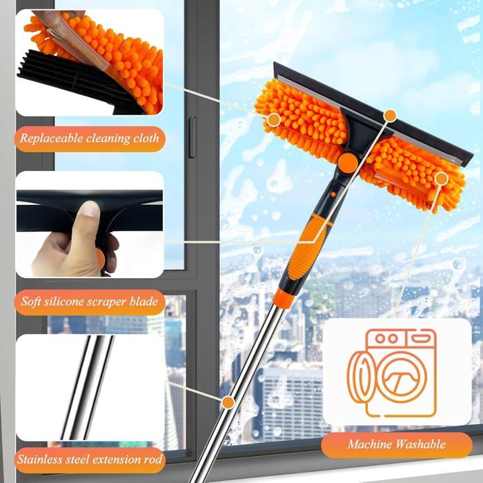 4.25M Nettoyeur de Vitre 3en1 Raclette Vitre,Lave Vitre Telescopique avec Raclette en Silicone et Brosse en Microfibres, (Orange) – Image 4
