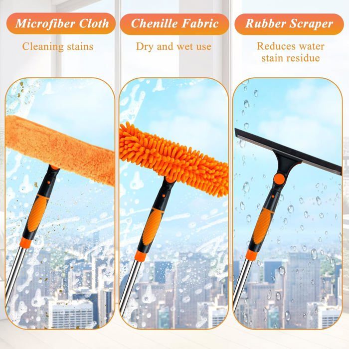 4.25M Nettoyeur de Vitre 3en1 Raclette Vitre,Lave Vitre Telescopique avec Raclette en Silicone et Brosse en Microfibres, (Orange) – Image 6