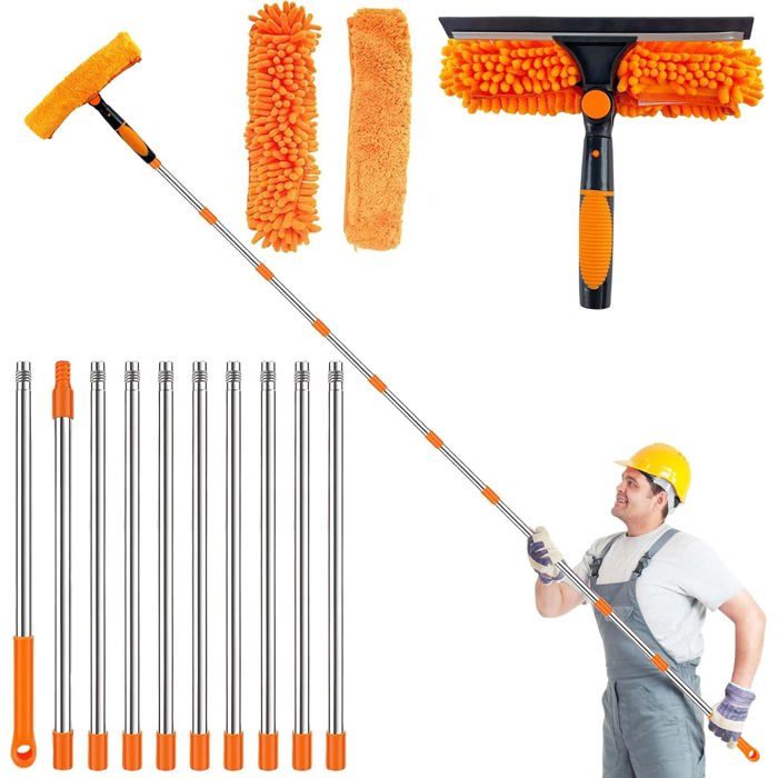 4.25M Nettoyeur de Vitre 3en1 Raclette Vitre,Lave Vitre Telescopique avec Raclette en Silicone et Brosse en Microfibres, (Orange)