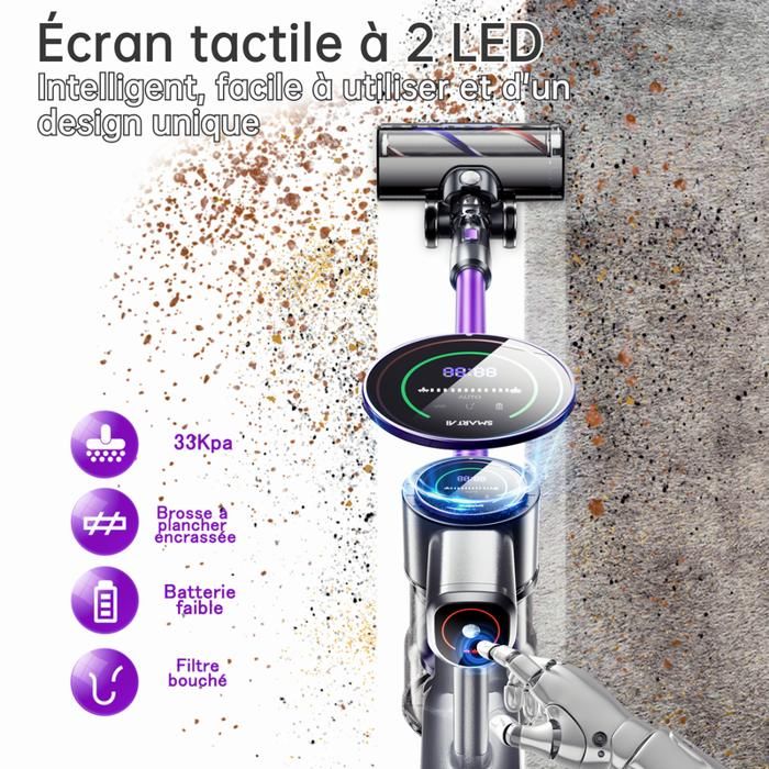 580W/50Kpa 8en1 SmartAi P40 Aspirateur Balai sans Fil, 2 LEDs Ecran Tactile,Jusqu'à 65 Min d'autonomie,1,3 L,Filtration en 6 étapes – Image 5