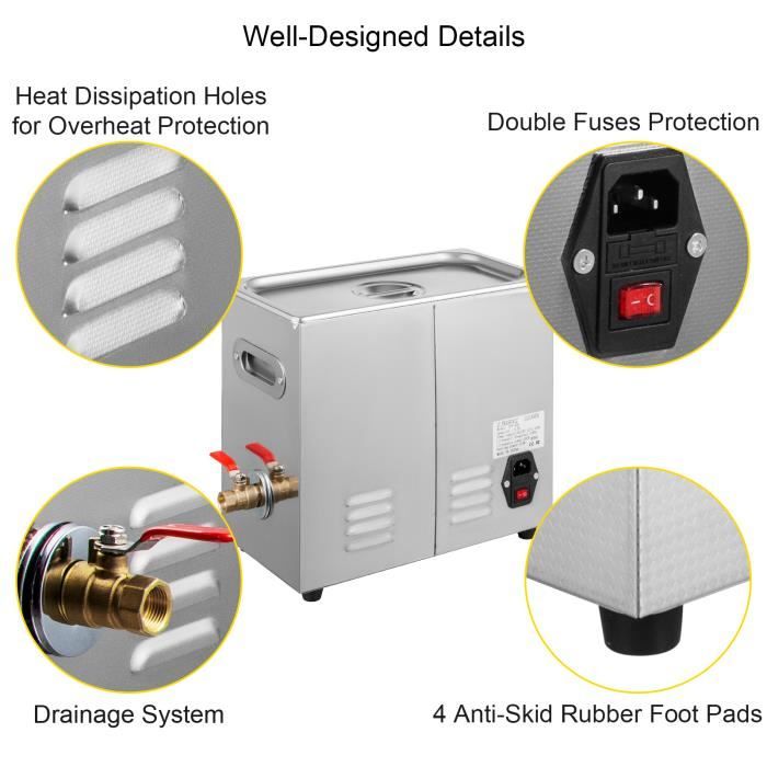 Nettoyeur à Ultrasons 6,5 L - VEVOR - Minuterie Chauffage 80℃ – Image 4