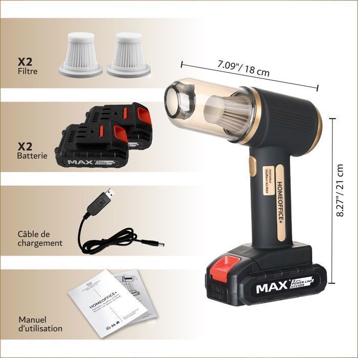 HOMEOFFICE+ A3 MAX Mini Aspirateur, Aspirateur Voiture Portable, Aspirateur à main sans fil, batterie amovible rechargeable USB. – Image 2