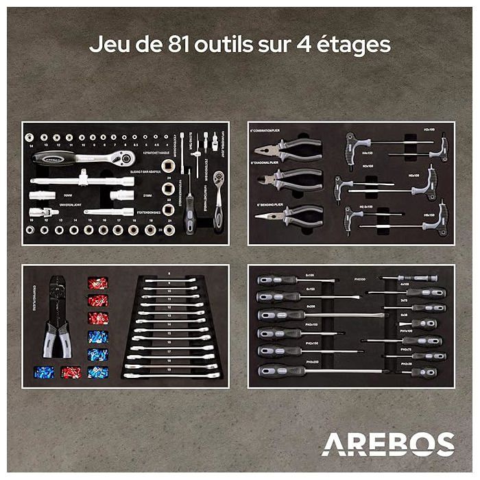 AREBOS Servante d'atelier 4 Compartiments | 4 tiroirs à roulement à Billes avec 81 pièces d'outils | Chariot à Outils | Bleu – Image 5