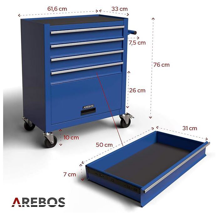 AREBOS Servante d'atelier 4 Compartiments | 4 tiroirs à roulement à Billes avec 81 pièces d'outils | Chariot à Outils | Bleu – Image 6