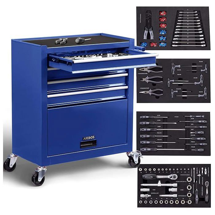 AREBOS Servante d'atelier 4 Compartiments | 4 tiroirs à roulement à Billes avec 81 pièces d'outils | Chariot à Outils | Bleu