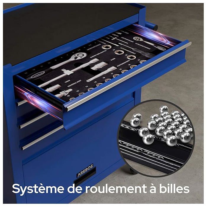 AREBOS Servante d'atelier 4 Compartiments | 4 tiroirs à roulement à Billes avec 81 pièces d'outils | Chariot à Outils | Bleu – Image 2