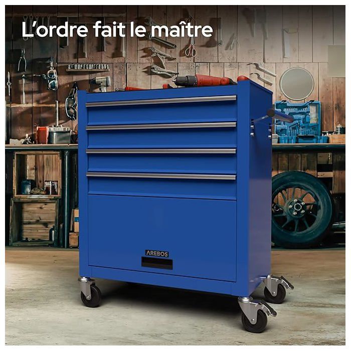 AREBOS Servante d'atelier 4 Compartiments | 4 tiroirs à roulement à Billes avec 81 pièces d'outils | Chariot à Outils | Bleu – Image 4