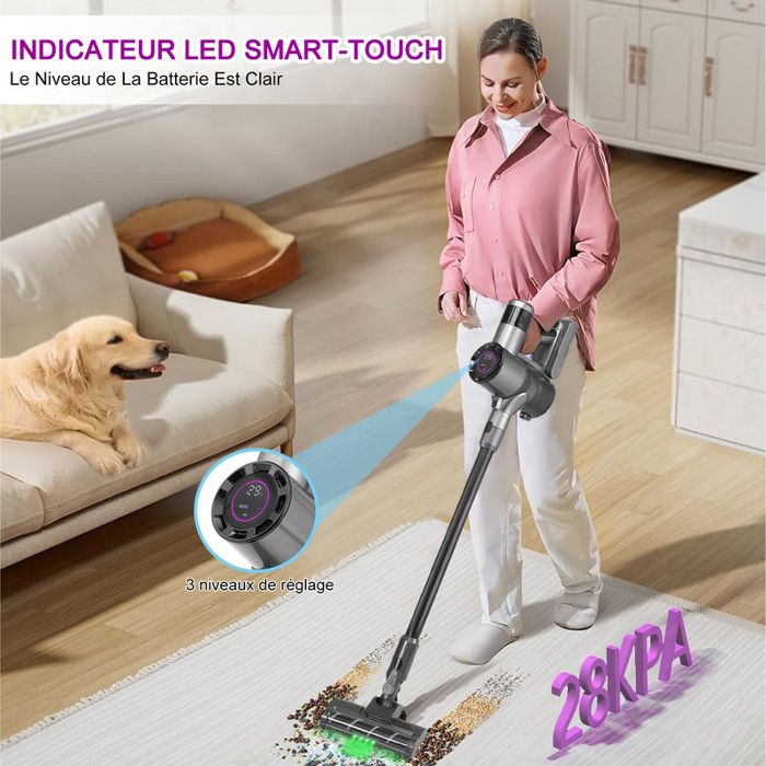 Aspirateur Balai sans Fil 4 en 1 - 3 Vitesses - Puissant 28KPa - Nettoyeur sec/humide - Autonomie 45min - 2500mAh Batterie amovible – Image 6