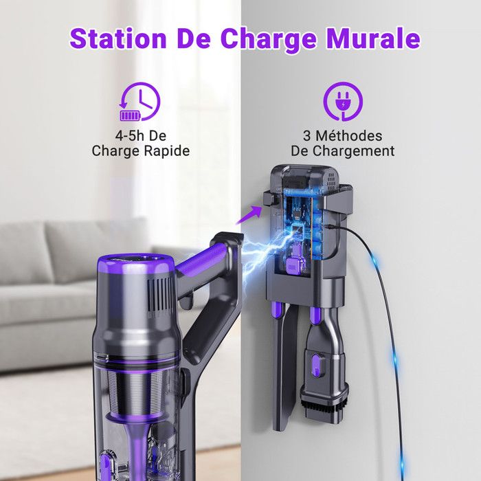 Aspirateur Balai Sans Fil 55000Pa - Écran Tactile - 300W - Violet/Noir - Chambre à Coucher et Salon – Image 5
