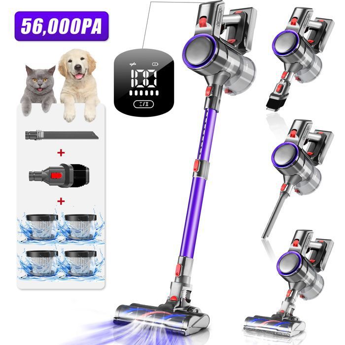 Aspirateur Balai Sans Fil,56000 Pa/650W/95000RPM,Autonomie 55 Min,Aspirateur sans Fil avec Écran tactile LED,Filtration à 7couches