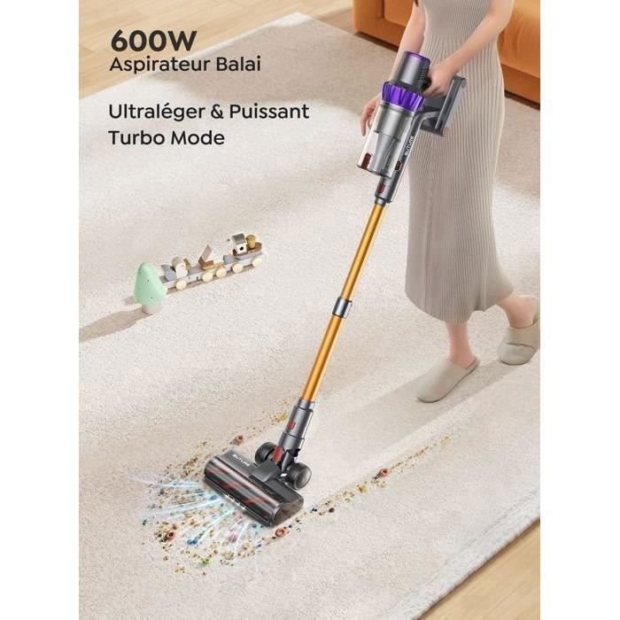 Aspirateur Balai sans Fil 600W/56Kpa,65Mins Aspirateur sans Fil Puissant,Aspirateur balai pour Tapis,Sols Durs,Poils d'animaux – Image 2