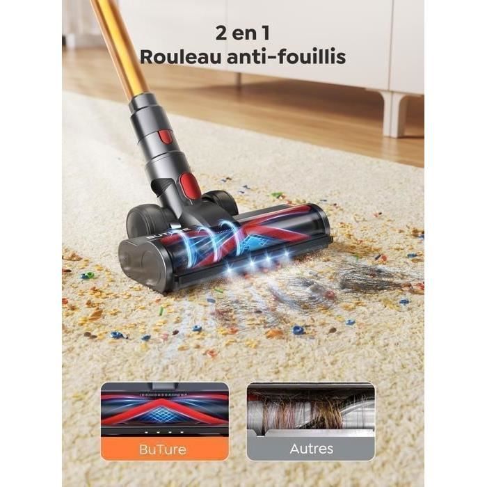 Aspirateur Balai sans Fil 600W/56Kpa,65Mins Aspirateur sans Fil Puissant,Aspirateur balai pour Tapis,Sols Durs,Poils d'animaux – Image 5