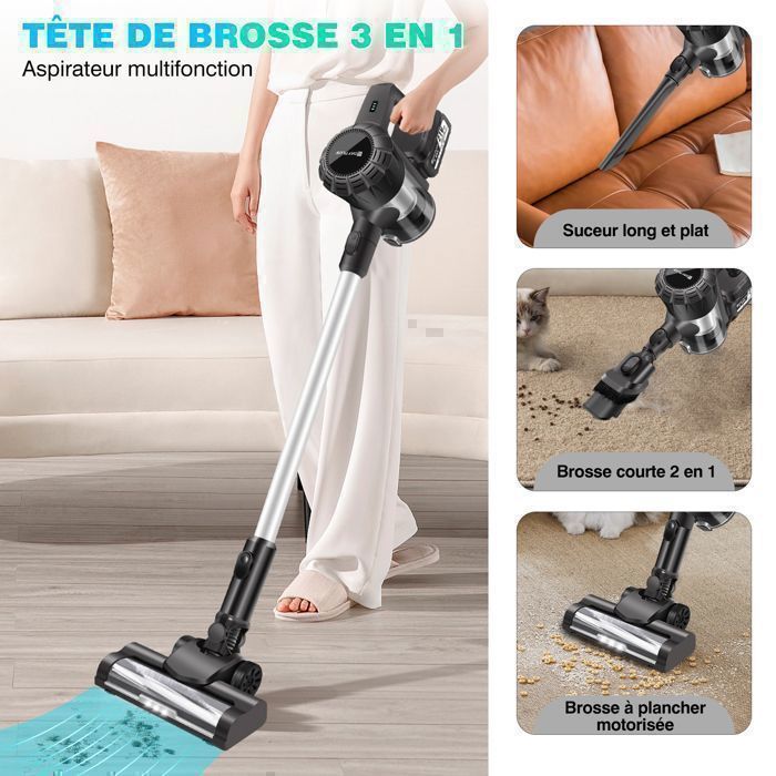 Aspirateur Balai Sans Fil 30000Pa/300W - Multifonctions 6 en 1 - Dayplus Aspirateur Sans Sac - 2x 3.0Ah Batteries - Autonomie 65 – Image 2