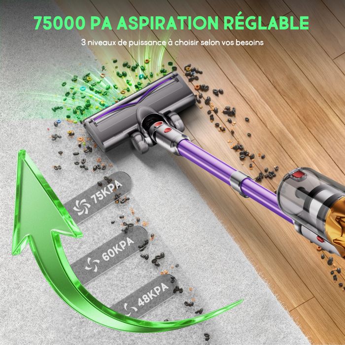 Aspirateur balai sans fil 75000pa/2.0L/70Min MAX d'Autonomie, 5 filtres HEPA,Écran LED, pour Sols Durs/Tapis/Les Poils – Image 2