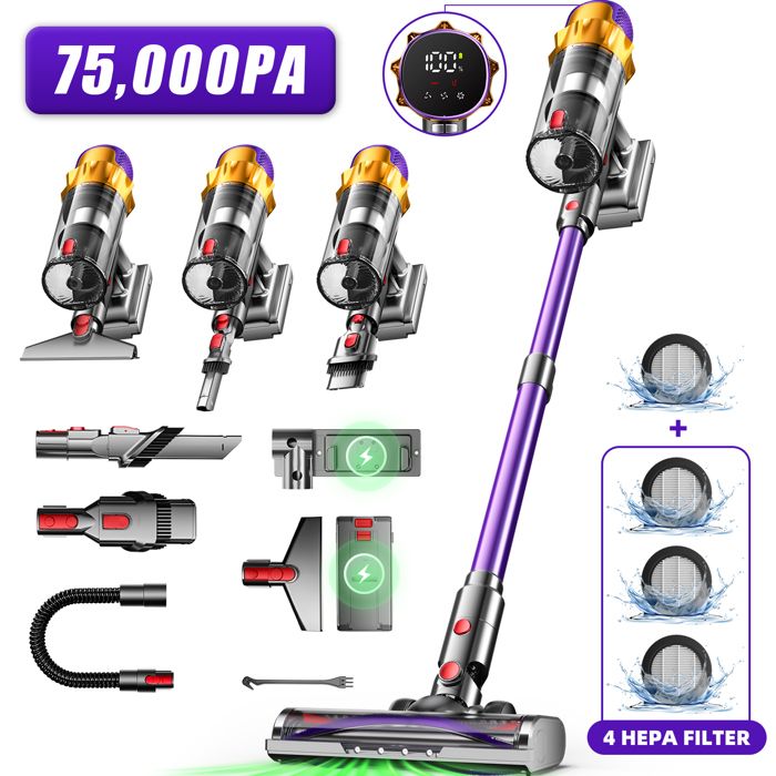 Aspirateur balai sans fil 75000pa/2.0L/70Min MAX d'Autonomie, 5 filtres HEPA,Écran LED, pour Sols Durs/Tapis/Les Poils
