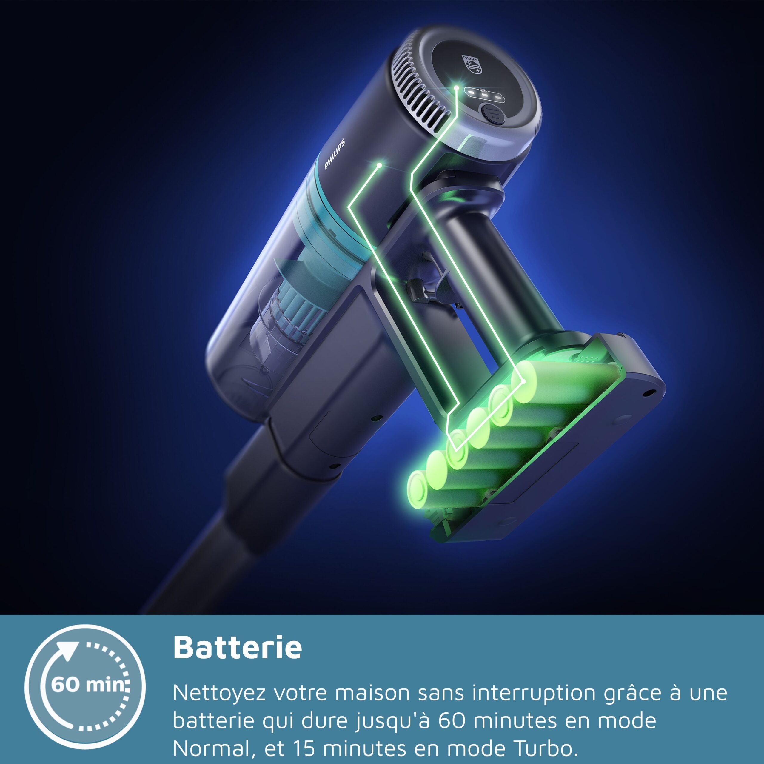 Aspirateur balai sans fil - PHILIPS - XC3033/01 - Série 3000 PowerCyclone 8 - LED - Vert Cargo – Image 7