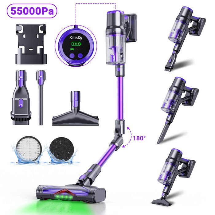 Aspirateur Balai Sans Fil 55000Pa - Écran Tactile - 300W - Violet/Noir - Chambre à Coucher et Salon