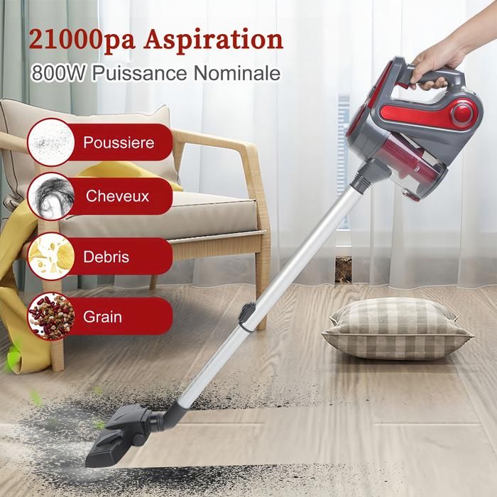 Aspirateur Balai avec Fil sans Sac BSTRE - 800W/19Kpa - Aspirateur à Main 3 en 1 - Câble de 5 m, Puissant et léger, HEPA - Rouge – Image 2