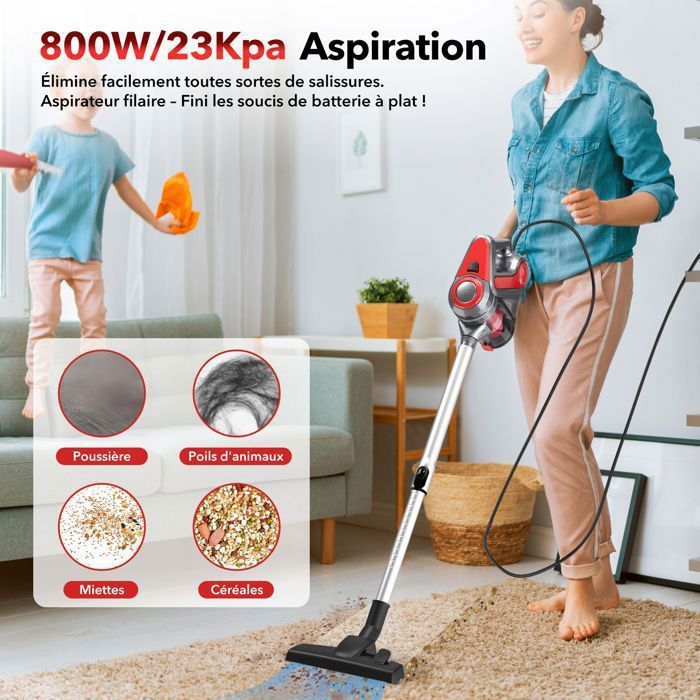 Aspirateur Balai sans Sac avec Fil BSTRE - 800W/22Kpa - Aspirateur à Main 3 en 1 - Aspirateur filaire- Rouge – Image 2
