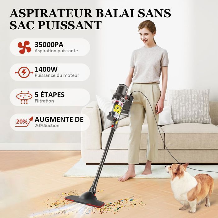 Aspirateur Balai Sans Sac Puissant 35Kpa 1400W, 5 en 1 Aspirateur à Main avec Fil, pour Poils Animaux Sol Tapis – Image 2
