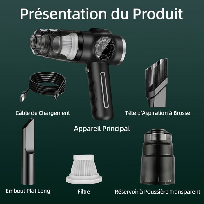 Aspirateur de Voiture sans Fil 29000Pa 120W - Puissant Aspirateur à Main Rechargeable avec Écran LCD et Longue Autonomie – Image 3