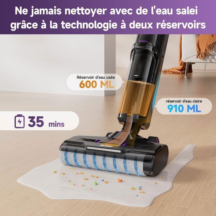 Aspirateur Laveur Sans Fil-Redkey W15-Autonettoyant Nettoyage des bords 6mm avec Réservoir d’eau 910ML, avec Accessoires – Image 2