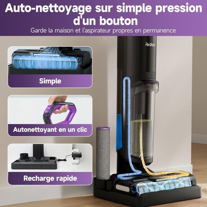 Aspirateur Laveur Sans Fil-Redkey W15-Autonettoyant Nettoyage des bords 6mm avec Réservoir d’eau 910ML, avec Accessoires – Image 6
