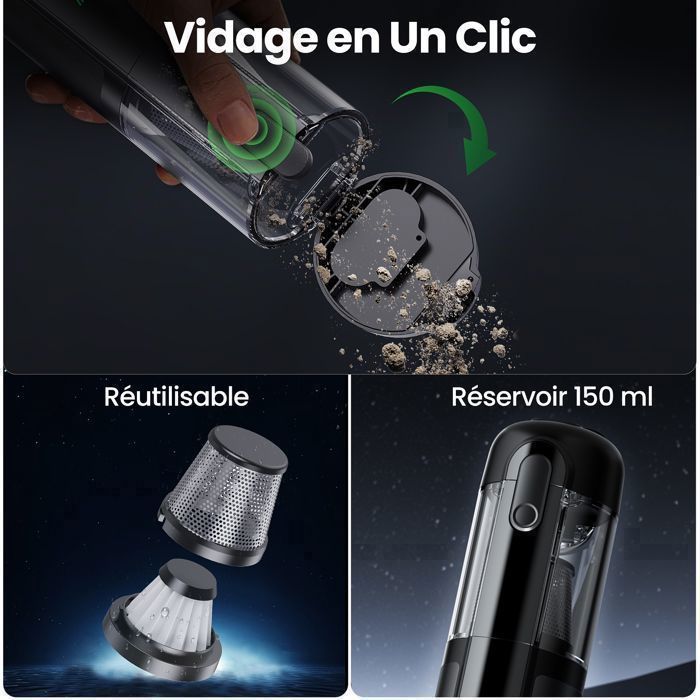 Aspirateur à Main Puissant sans Fil 16500 Pa, Aspiration & Soufflage 2 en 1, Aspirateur Voiture avec Éclairage, Vidage en Un Clic – Image 4