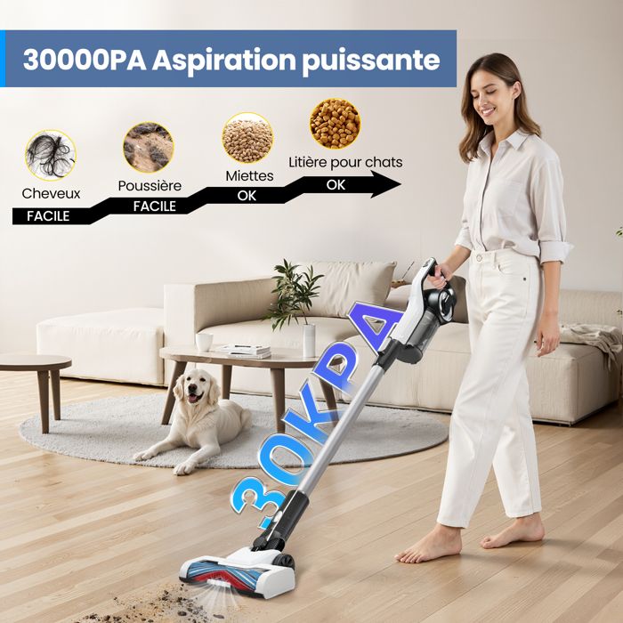 Aspirateur Sans Fil, 30000PA/5*2200mAh/40min Fonctionnement, Filtration Efficace, Balai Motorisé avec Phares LED pour Tous Sols – Image 2