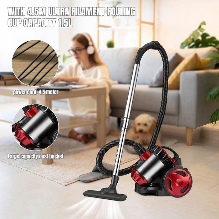 Aspirateur sans sac 2000 W - 1,5 L - Silencieux - Filtration haute performance - Pratique aux sols/tapis/canapés/poils d'animaux – Image 3