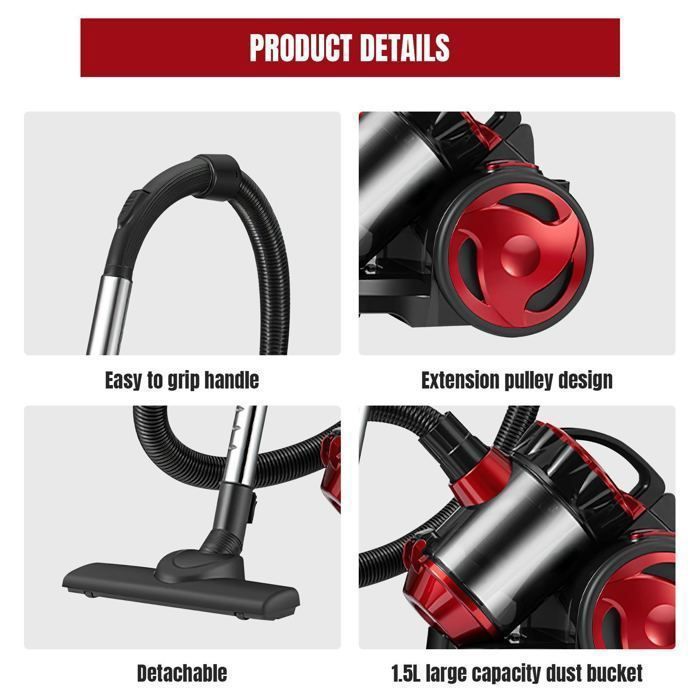 Aspirateur sans sac - 2000W /1.5L - Silencieux - Filtration haute performance - 4.5m-Pratique aux sols/tapis/canapés/poils – Image 3