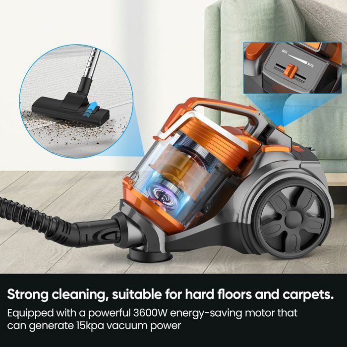 Aspirateur Sans Sac 3600W 15Kpa Puissant, Aspirateur À Main Multifonction Avec Brosse 2-en-1, Fil 5m, Grande Capacité, Nettoyage – Image 6