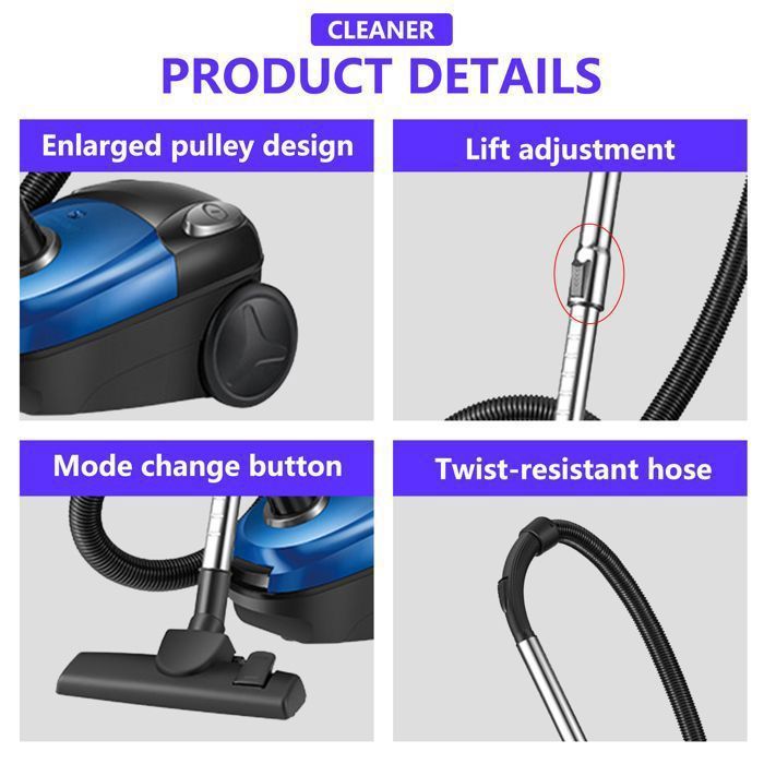 Aspirateur sans sac - Prumya - 2000 W - Silencieux, haute filtration - Cordon de 4,5 m - 2 buses - Rallonge – Image 2