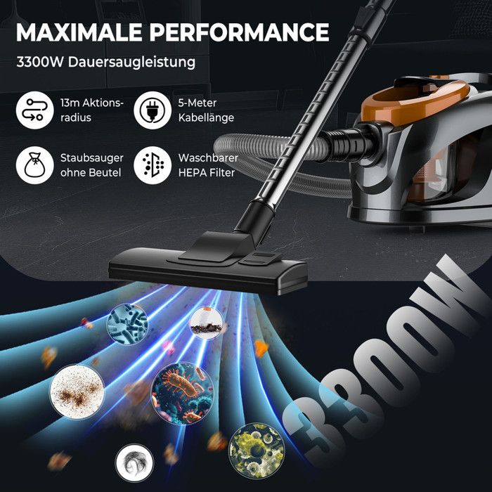 Aspirateur Sans Sac Puissant 3300W Maison Sol Tapis Poils D’animaux Collecteur 3L Silencieux Filtre Lavable – Image 3