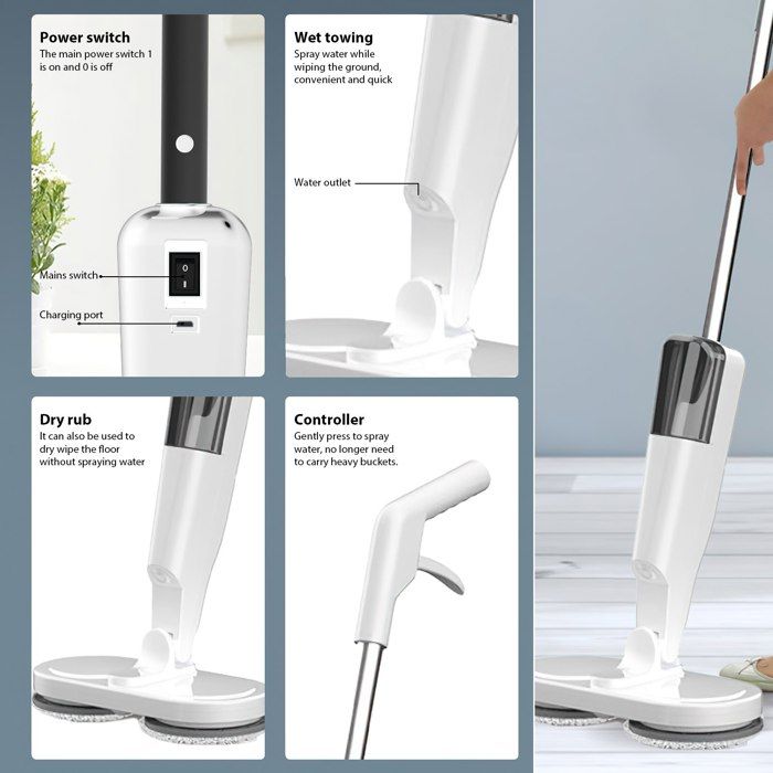 Balai électrique sans fil - deux moteurs + réservoir d'eau de 150 ml - 60 minutes d'autonomie - nettoyage silencieux-AC – Image 2