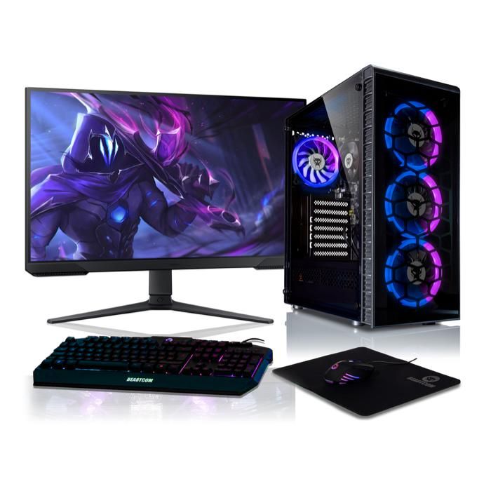 BEASTCOM Q3 | PC Gamer Complet, AMD Ryzen 5 4X 4,20GHz 8 Threads, 512Go SSD, 16Go, 4K Vega, Écran LED 24" + Clavier WiFi, Windows