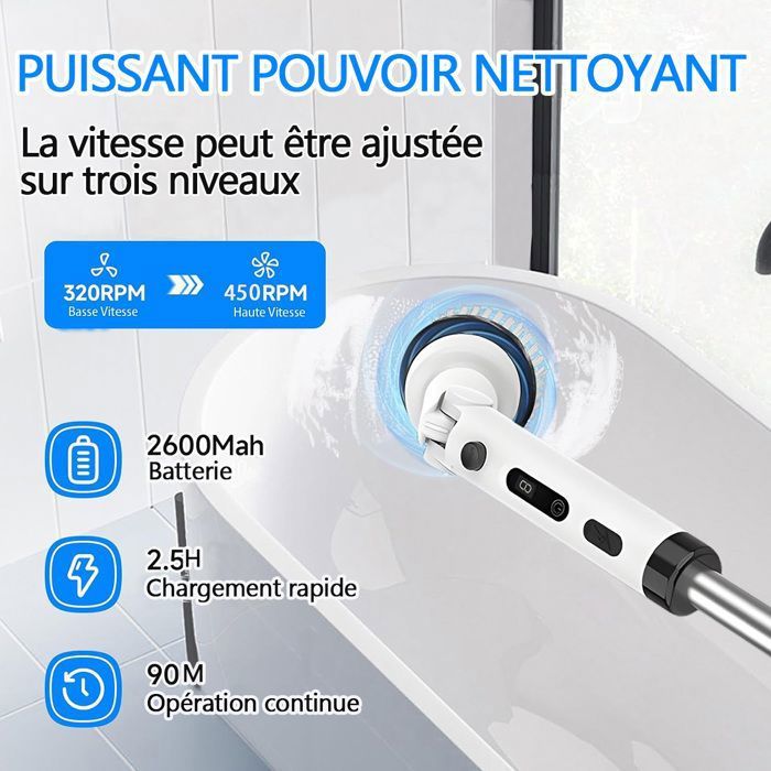 Brosse de nettoyage électrique rotative sans fil,3 rglages et 3 rglages d'angle, 7 ttes remplaables, pour salle de bain – Image 2