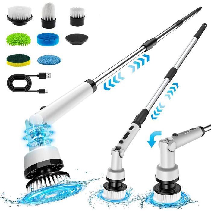 Brosse de nettoyage électrique rotative sans fil,3 rglages et 3 rglages d'angle, 7 ttes remplaables, pour salle de bain