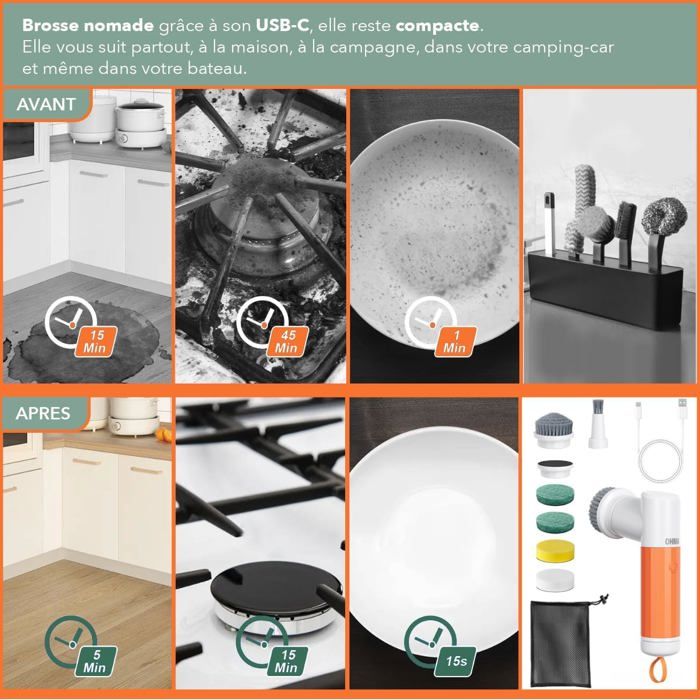 Brosse Électrique Rotative Étanche IPX7 6 en 1 pour Salle de Bain, Cuisine, Jardin, Spa, Camping-Car, Bateau – Image 6