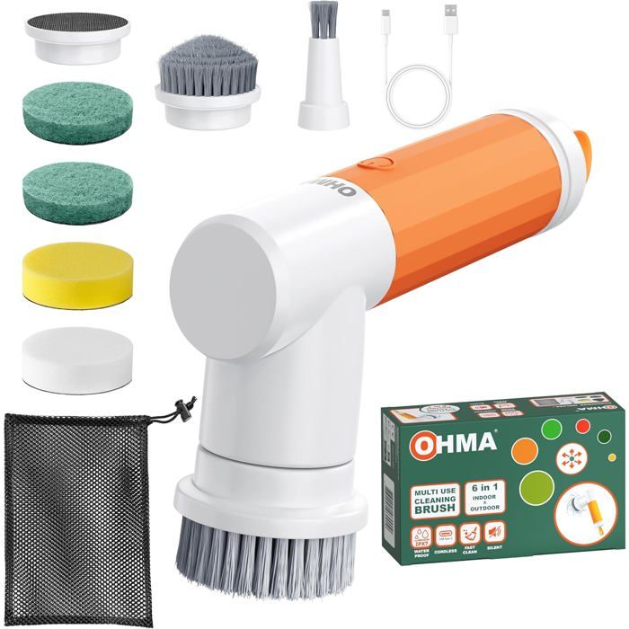 Brosse Électrique Rotative Étanche IPX7 6 en 1 pour Salle de Bain, Cuisine, Jardin, Spa, Camping-Car, Bateau