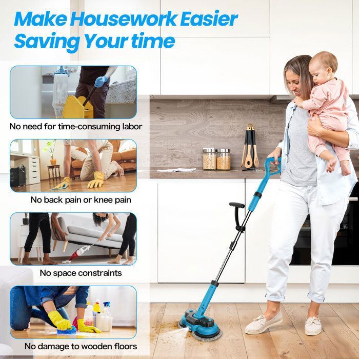 Brosse Nettoyage Rotative Balai Electrique Extension 2 Vitesses Réglables avec 4 Têtes de Brosse Remplaçables pour Salle de Bain – Image 2