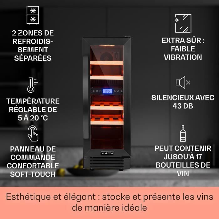 Cave à vin - Klarstein Vinovilla Onyx17 - 53 L / 17 bouteilles - Armoire à vin - 2 zones de température - Frigo bar - Noir – Image 2