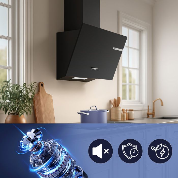 CIARRA Hotte Aspirante 60cm 580m3/h A+ avec 2 Filtre Actif 3 Vitesses Recyclage ou Evacuation Hotte Inclinée Noir CD6765AB – Image 2