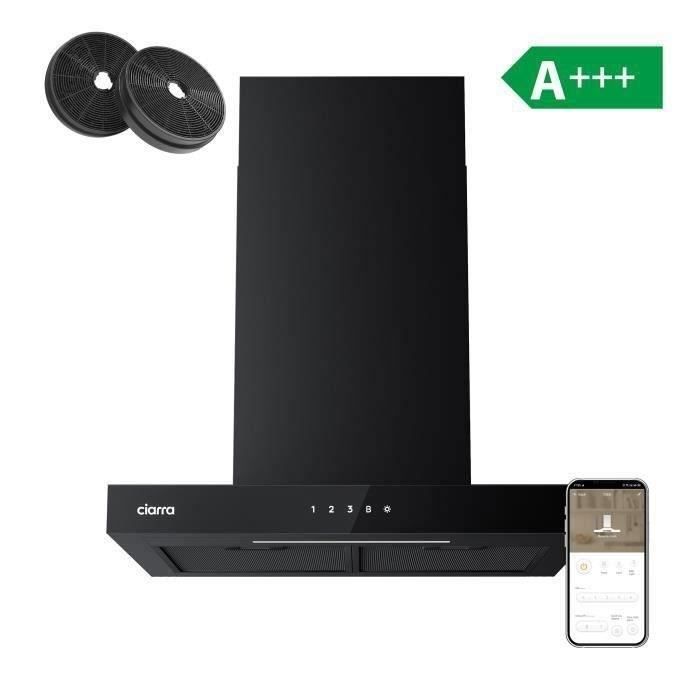 CIARRA Hotte Aspirante 60cm WI-FI et Commandes Tactiles A+++ 650 m3/h Booster LED Affichage Noir