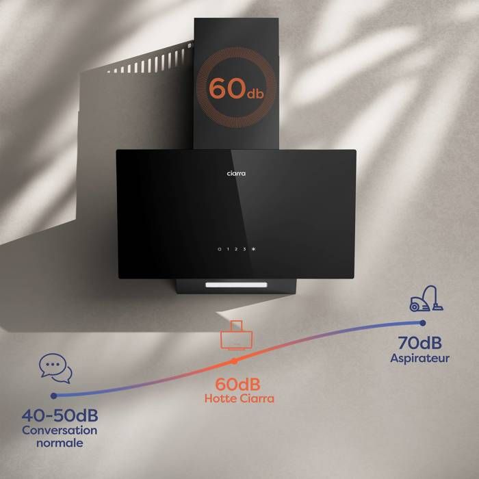 CIARRA Hotte Aspirante Inclinée 60cm 350m3/h 3 Vitesses A++ Recyclage ou Evacuation Verre Noir CD6750CB – Image 2