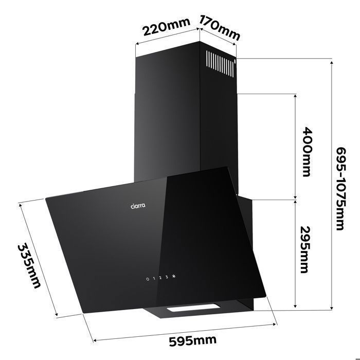 CIARRA Hotte Aspirante Inclinée 60cm 350m3/h 3 Vitesses A++ Recyclage ou Evacuation Verre Noir CD6750CB – Image 6