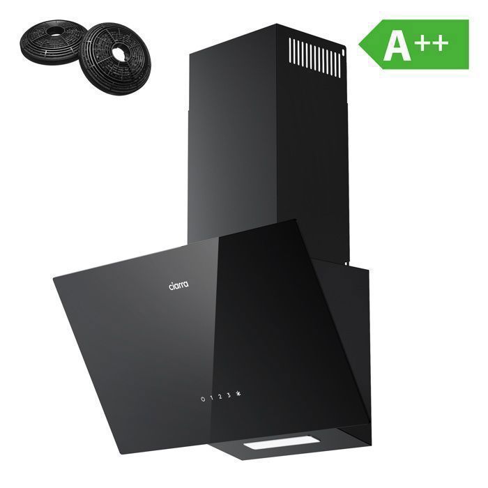 CIARRA Hotte Aspirante Inclinée 60cm 350m3/h 3 Vitesses A++ Recyclage ou Evacuation Verre Noir CD6750CB