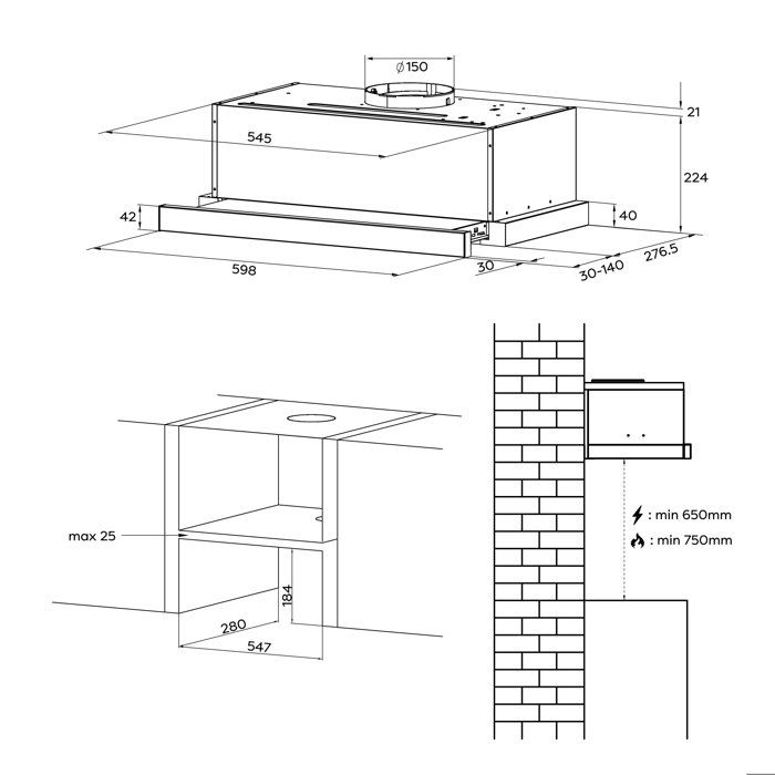 CIARRA Hotte Tioir 60cm A+ 580m3/h Recyclage ou Evacuation inclus 2pcs Filtre Actif Hotte Noir CD6909AB – Image 6