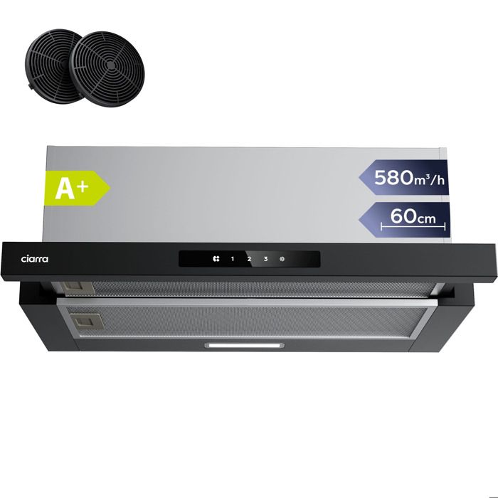 CIARRA Hotte Tioir 60cm A+ 580m3/h Recyclage ou Evacuation inclus 2pcs Filtre Actif Hotte Noir CD6909AB